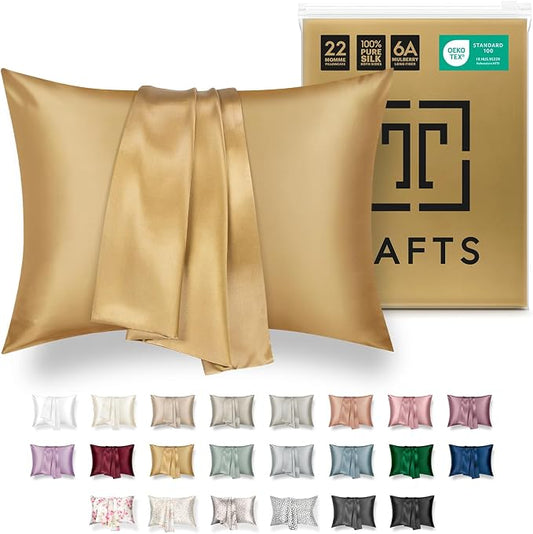 Tafts Silk Pillow Cases - 22mm 100% Pure Mulberry 6A Silk Pillowcase for Hair & Skin with Zipper Closure, Cooling, Natural, Organic, Double Sided Pillow Case (Gold, King 20x36, 1pc)