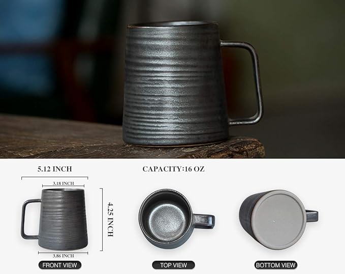 Large Handmade Pottery Coffee Mug, Unique Metallic Glazed Ceramic Drinking Cup Coffee Cup with Big Handle for Home, Office or Gifts, Microwaveable, Annular Texture 16 oz