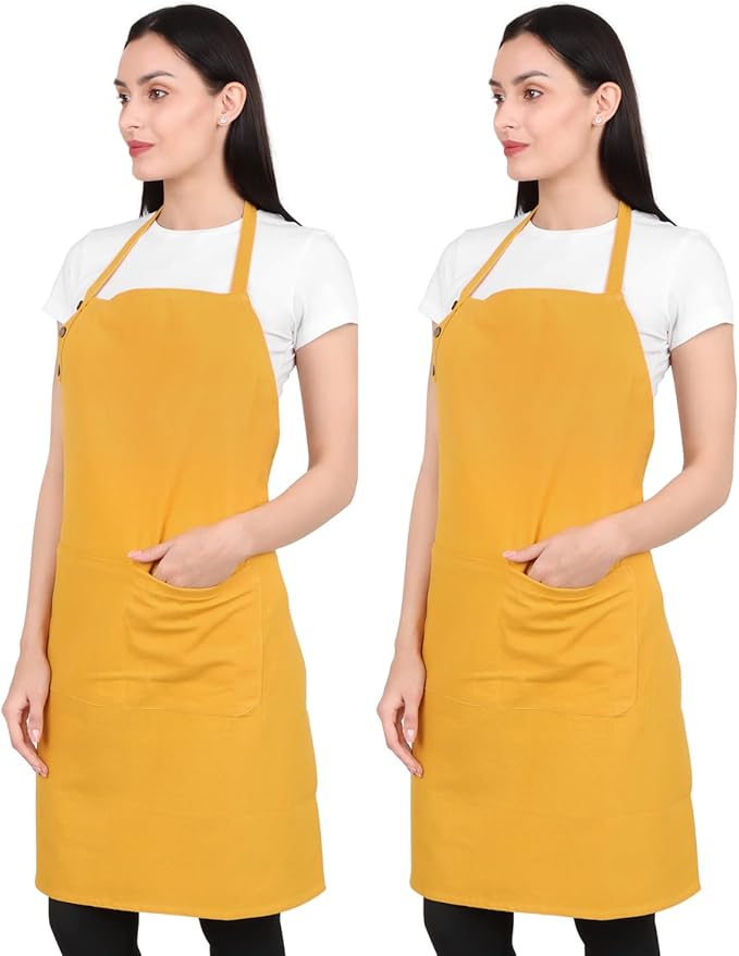 aprons for men women with pockets for cooking kitchen Cotton Apron Unisex Waterdrop Resistant with adjustable aprons 9 Color option 2 pack (GOLD/MUSTARED)
