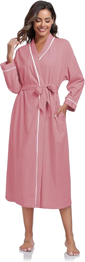 COLORFULLEAF 100% Cotton Women's Robes Summer Lightweight Kimono Soft Long Cotton Bathrobe for Women with Pockets