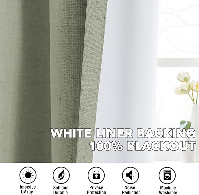 H.VERSAILTEX Linen Curtains 100% Blackout Curtains for Bedroom 90 inch Long Full Light Blocking Nature Linen Blended Window Curtains for Living Room Nickel Grommet (2 Panels, Heathered Tea)