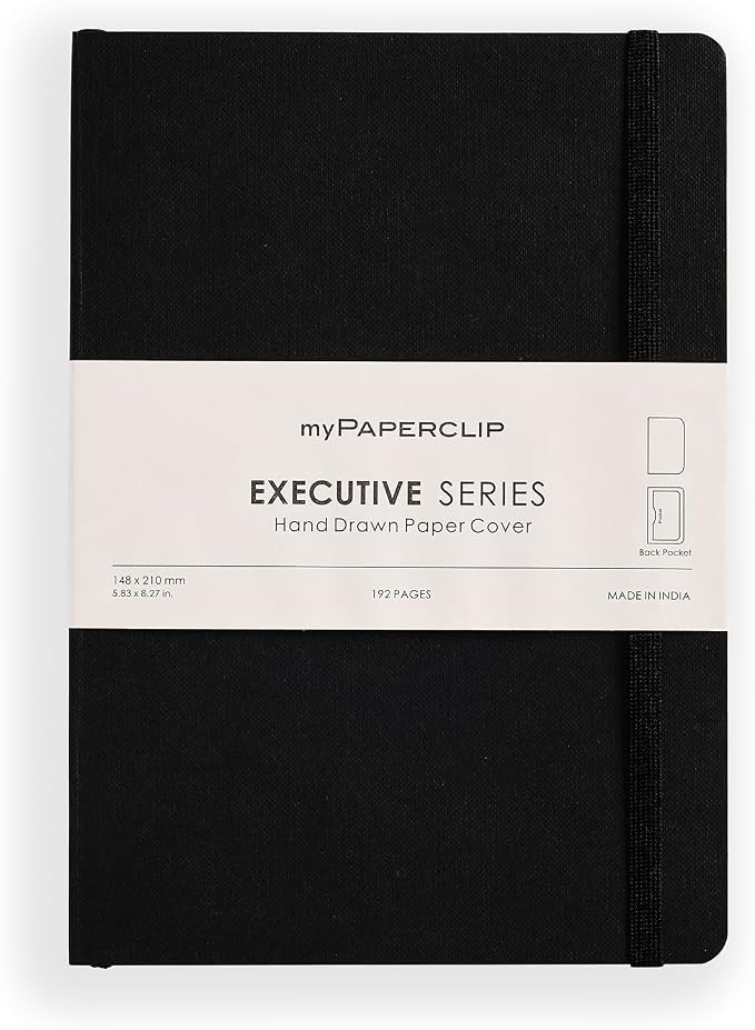 myPAPERCLIP Executive Series A5 Plain Notebook | 192 Pages, 80 GSM, Soft Cover, A5 (5.83 x 8.27 in) | Flat Lay | Bookmark, Elastic Closure & Back Pocket | Black