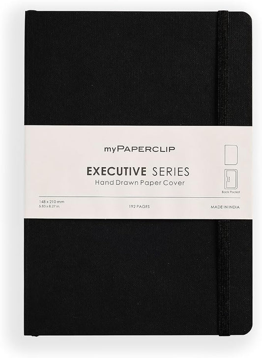 myPAPERCLIP Executive Series A5 Plain Notebook | 192 Pages, 80 GSM, Soft Cover, A5 (5.83 x 8.27 in) | Flat Lay | Bookmark, Elastic Closure & Back Pocket | Black