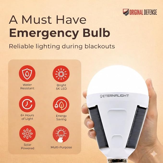 Original Defense EternaLight Rechargeable LED Bulbs (1 Count) - Emergency Light Bulbs with Battery Backup for Power Outages, Home, Camping, and Outdoor Activities - Solar Powered