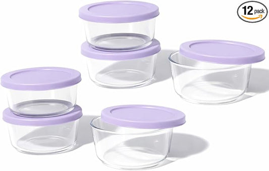 12-Piece Glass Food Storage Containers Set (6 Containers + 6 BPA-Free Lids) | 2-Cup, Leakproof | Microwave, Freezer, Oven & Dishwasher Safe | Ideal for Meal Prep & Pantry Organization, Purple