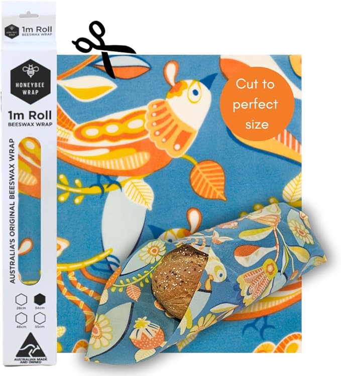 Honeybee Beeswax Bread Bag Sheets - Bird Pattern - Reusable Beeswax Wraps for Food - Certified Organic Cotton Beeswax Roll - Plastic Wrap & Sandwich Bags Alternative - Made in Australia - 40’’ x 13’’