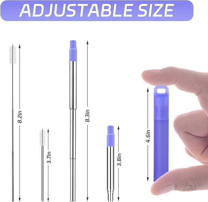 NAIVELY-Metal Reusable Straws, 3 Pack Collapsible Portable Stainless Steel Straws, with Plastic Housing Silicone Tips and Cleaning Brush, Retractable Portable Pocket Drinking Straws