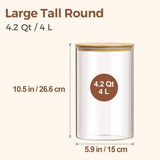 ComSaf Flour Sugar Storage Containers 4 Qt, 2 Pack Glass Flour Container | 26.6cm/10.5in Tall, 128oz/1 Gallon Large Glass Storage Containers, 15cm/5.9in Extra Wide Mouth, 4.6lb Flour Jar, BPA Free
