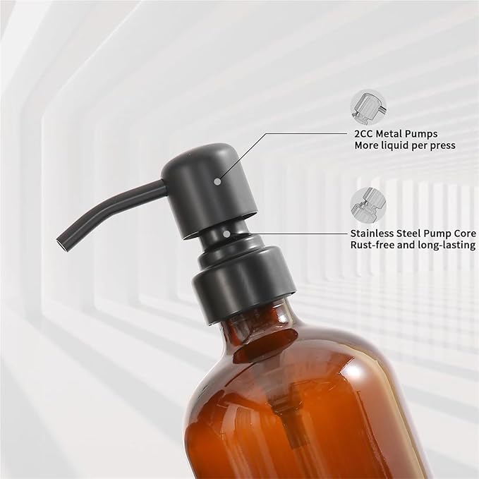 Liquid Dispenser Soap Dispenser Set Glass with Stainless Steel Pump Countertop Soap Bottle(Black Pump+Amber Bottle)