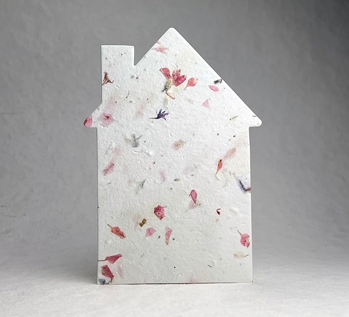 Of The Earth Handmade Paper - Wildflower Seed Paper House Shaped Cards - w/Seeds & Petals - 5" x 7" - Set of 8 - Guides & Envelopes Included (48s Pink & Blue)