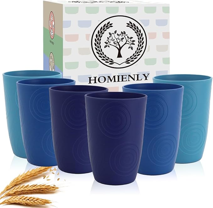 Homienly Wheat Straw Cups 16oz,Unbreakable Cups-6 PCS Freezer and Dishwasher Safe Cups for outdoor gatherings,Picnic,Travel-Blue Sky