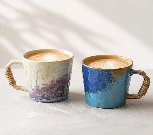 Unique Retro Vintage Japanese Style Primitive Handmade Ceramic Coffee Mug set of 2, Lead-Free Glaze Couple Mugs, Comfortable handle Pottery matching cups for anniversaries and Valentine's Day