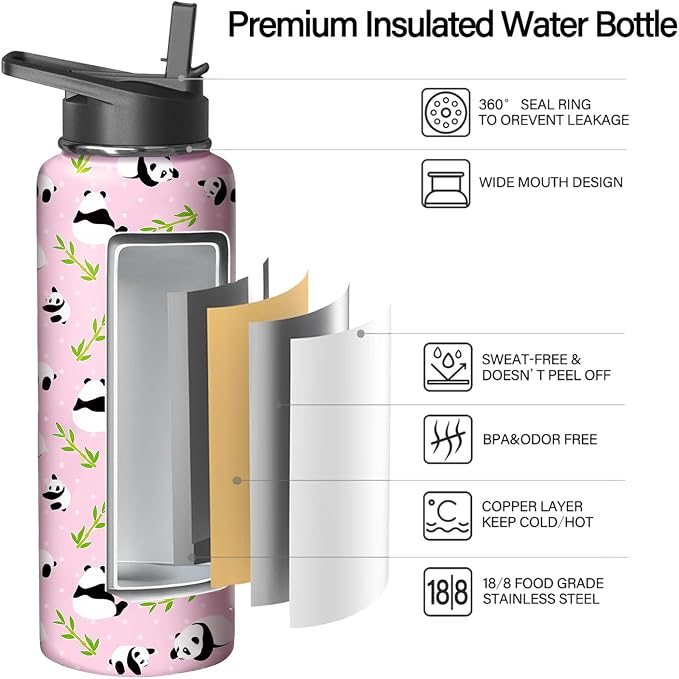 40oz Pink Panda Water Bottle with Handle and Flip Straw, Sports Stainless Steel Insulated Cup Travel Coffee Mug Tumbler, Birthday Mothers Day Chritmas Gifts for Women