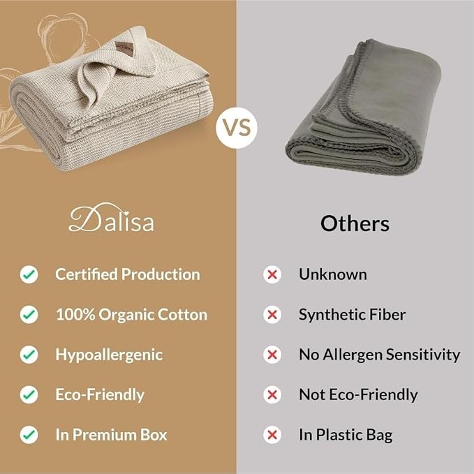Dalisa 100% Organic Turkish Cotton Throw Blanket - GOTS Certified, Cozy - Perfect for Couch, Bed, and Home Decor - Boho Vintage Knit Alina (Stone, 60x80)