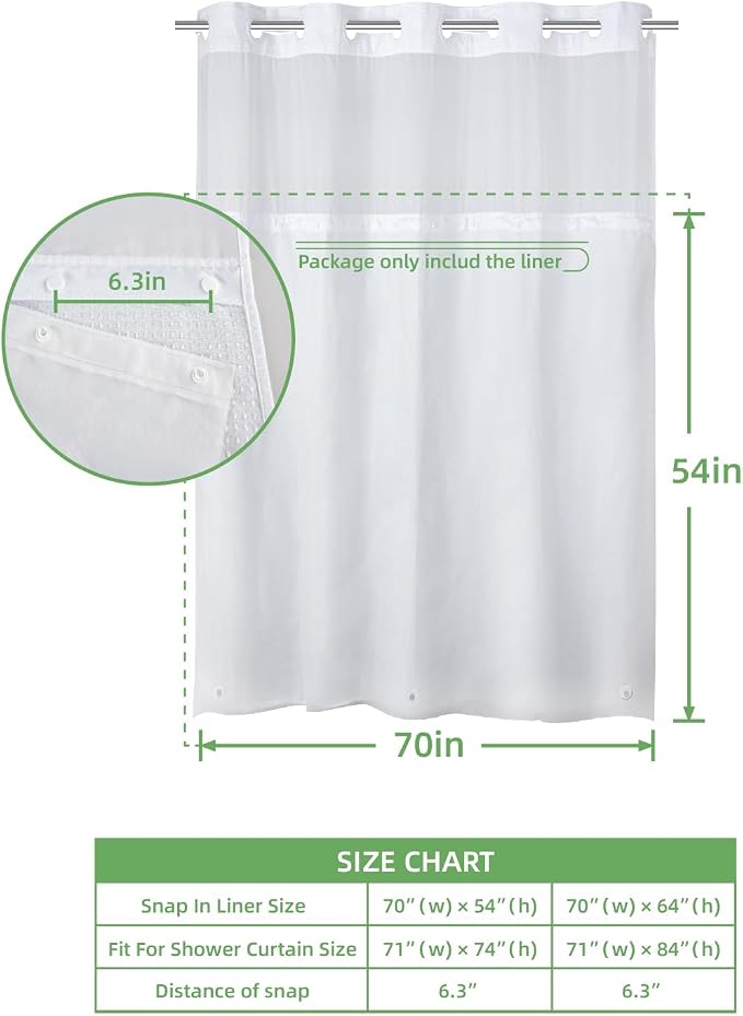 eachope 2 Pack PEVA Snap-in Shower Curtain Liner Replacement,Compatible with No Hook Shower Curtain with Snap in Liner, Removable & Water-Repellent,Machine Washable,70x54,Frost