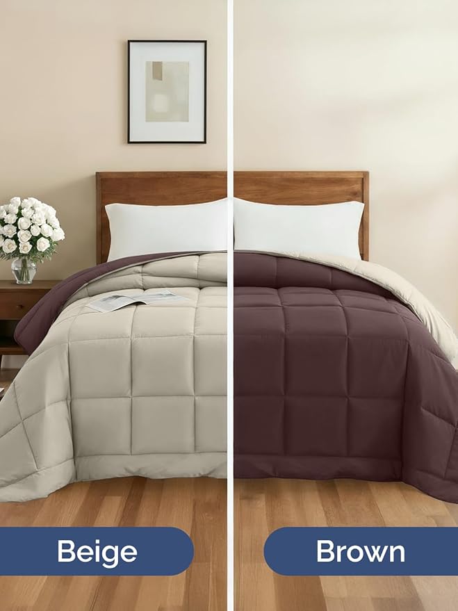 King Size, Brown/Beige Alternative Down Comforter - Warm, Lightweight & Breathable Hotel Quality Bedding for Men, Women, Kids & Teens - All Season Oversized Cooling Microfiber Duvet Insert Comforter