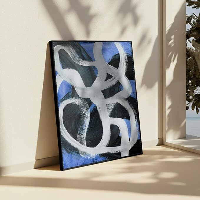 Monem Art Bold Blue Brushstroke Abstract Print - Modern Textured Line Art Poster - Wall Decor for Living Room, Bedroom or Office - 18x24 Black Framed CANVAS Wall Art by Mareike Bohmer