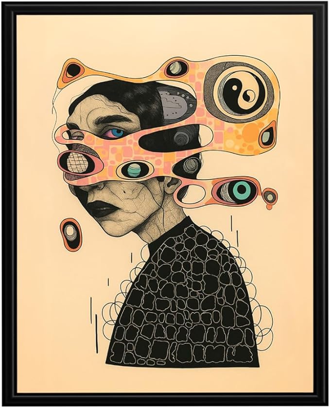 InkFlow Posters Surreal Abstract Portrait Poster - Creative Line Art with Bold Eyes and Geometric Patterns - Modern Graphic Print for Living Room, Bedroom, Office - 11x14 Unframed Canvas Print