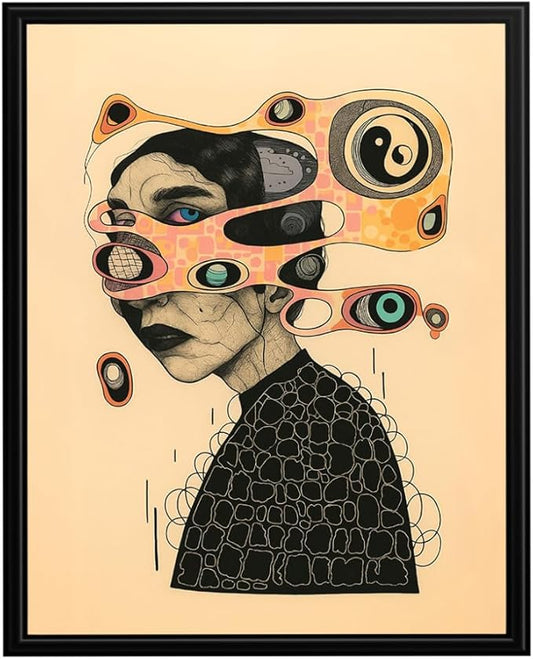 InkFlow Posters Surreal Abstract Portrait Poster - Creative Line Art with Bold Eyes and Geometric Patterns - Modern Graphic Print for Living Room, Bedroom, Office - 18x24 Unframed Canvas Print