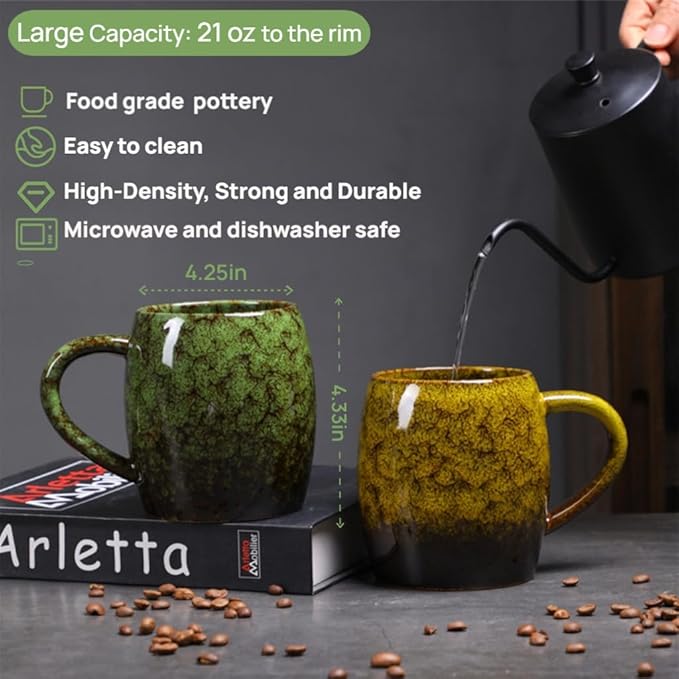 21oz Large Handmade ceramic Mug, Big Ceramic Tea Cup, Durable and Heavy Microwave and Dishwasher Safe Pottery Coffee Mug with Handle, Reactive Glaze Stoneware Clay coffee mug (Green)