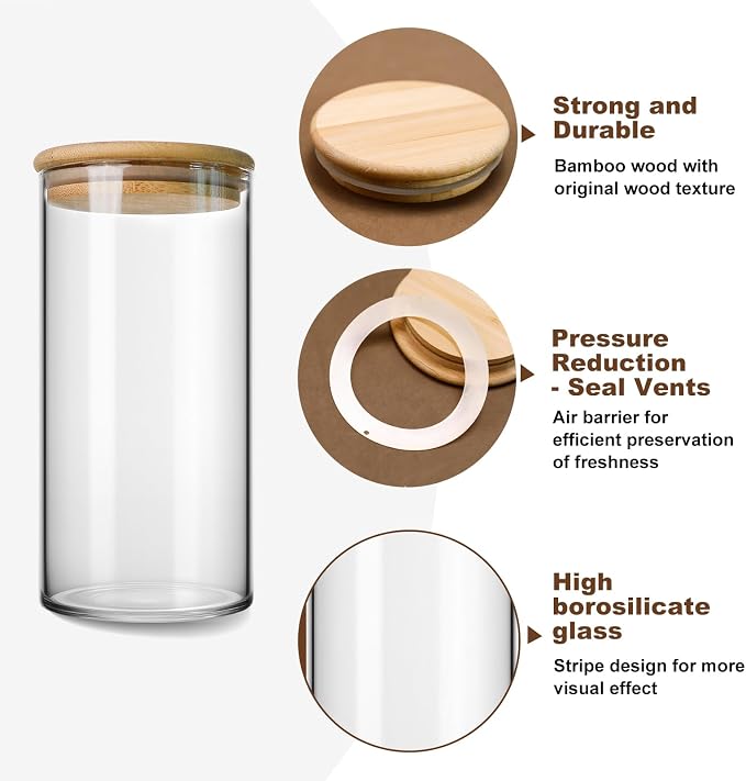 600ml/20.29Oz Clear Airtight Food Storage Jars with Bamboo Lids - Overnight Oats Jars - Spice Storage Containers Jars - Kitchen Storage Canisters for Salt,Sugar,Coffee,Tea,Nuts,Cookies