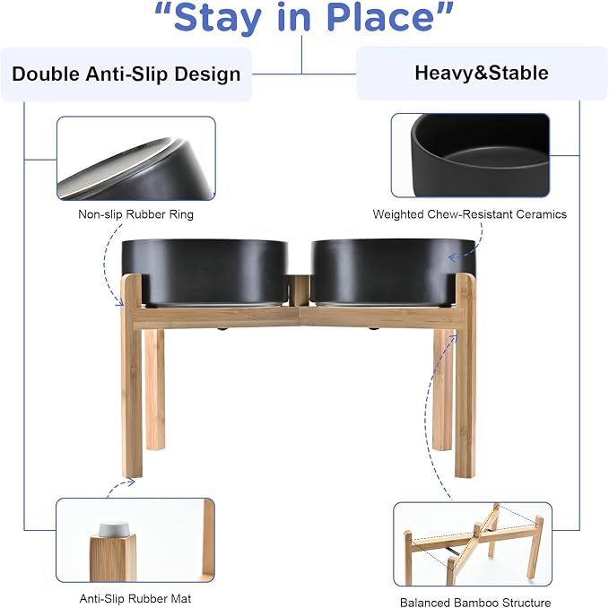 SPUNKYJUNKY Elevated Dog Bowls Ceramic, 8.3'' Dogs Food Water Bowls Raised with Non-Slip Bamboo Stand for Large Sized Breed Microwave Dishwasher Safe - 60 OZ,Black