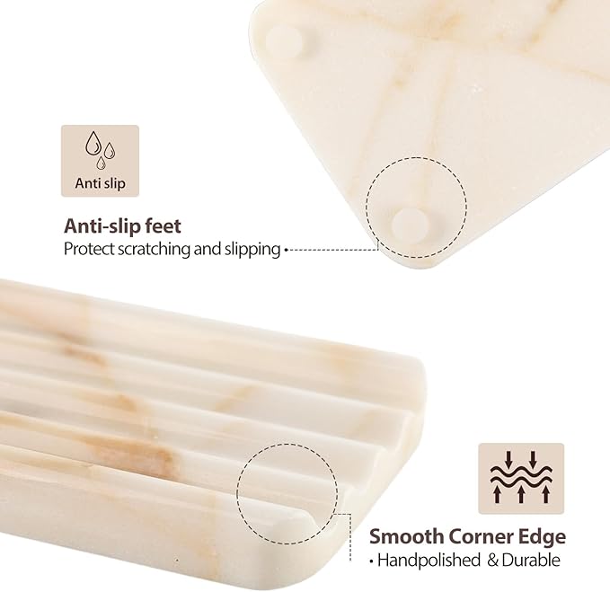 Koville 2PCS Natural Marble Soap Dishes for Shower, Golden Calacatta Marble Soap Dish, Stone Soap Tray for Bathroom, Bar Soap Holder for Sink, Stripe Grooves Saver Keep Bars Dry Easy Clean