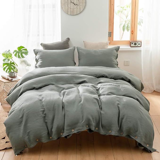 Simple&Opulence 100% Linen Duvet Cover Set 3pcs with Coconut Button Closure Natural French Washed Flax Solid Color Soft Breathable Farmhouse Bedding - Cushing Green, Full Size