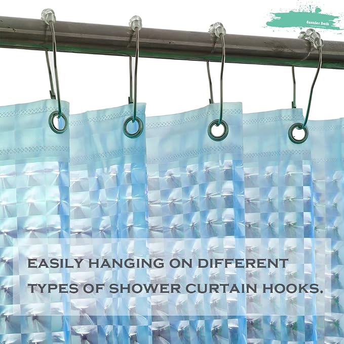 Blue 3D Crystal Plastic Shower Curtain Liner, 72x72 Inch Thin Lightweight Ice Cube Plastic Bathroom Shower Showroom Inner Curtain with Rustproof Metal Grommet Holes and Weighted Magnets