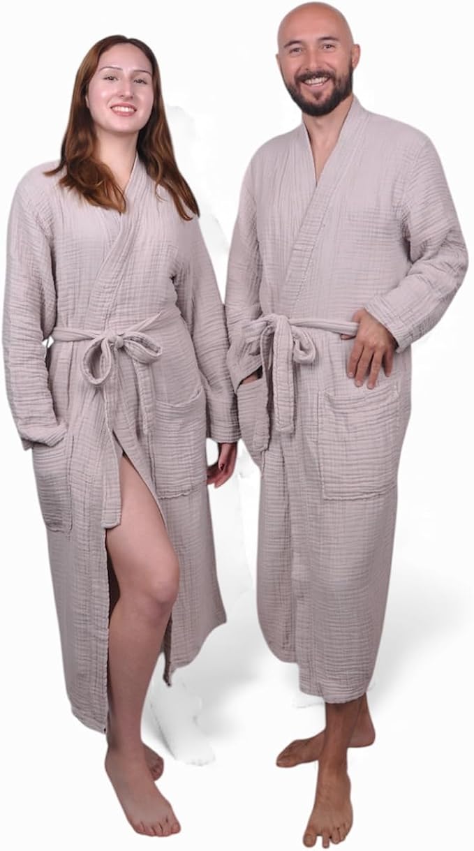 Muslin Bathrobe - Cotton Gauze Robe for Women and Men - Lightweight Breathable Summer Kimono - Boho Spa/Maternity Robe
