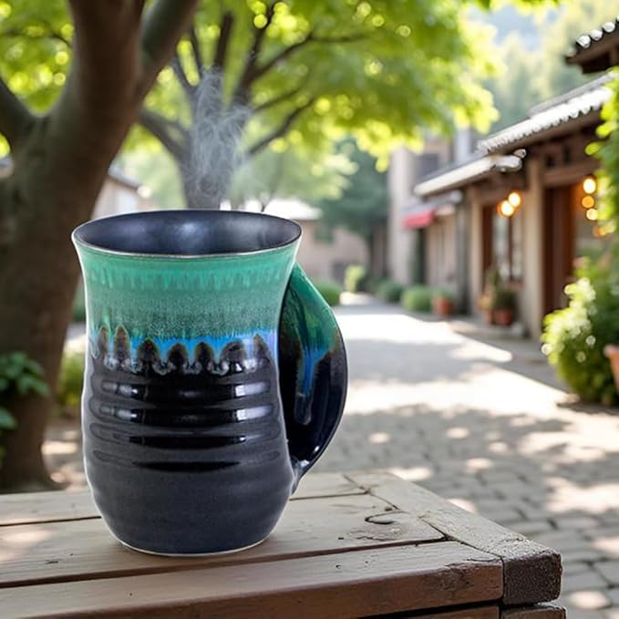 Hand Warmer Mug for Christmas - 16 Ounce Large Handwarmer Mugs Ceramic Handmade Pottery Gift for Holiday with Pocket Handle, Keep Your Fingers Warmth (Right Handed,Forest Green/Black)