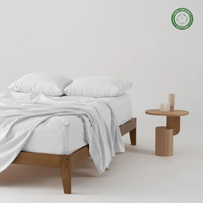 Pure 100% Certified Organic Cotton Bed Sheet Set 1000 Thread Count, 4 Piece Bedding Set, 24" Extra DEEP Pocket, Crisp and Cooling Sateen Weave, Eco-Friendly -(White, Short Queen)