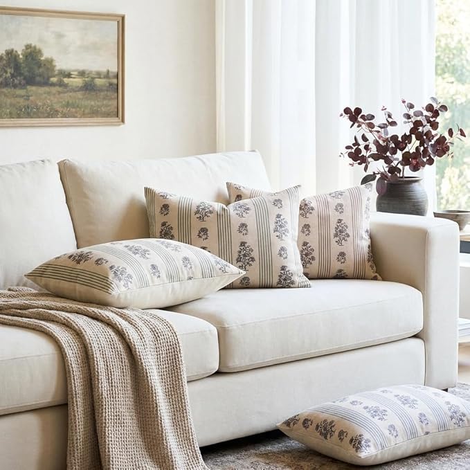 Amor Virisso Floral Throw Pillow Covers 12 x 20 Set of 2 Block Print Pillow Covers Neutral Floral Striped Farmhouse Decorative Pillow Covers for Sofa Couch Bed, Brown