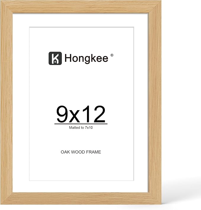 Hongkee 9x12 Oak Wood Picture Frame 1 Pack(Matted 7x10), Real Glass Cover | Natural, 9 x 12 Solid Wood Frame for Wall or Tabletop Display - Includes Easel Back, Vertical Hang - Ideal for Home, Office