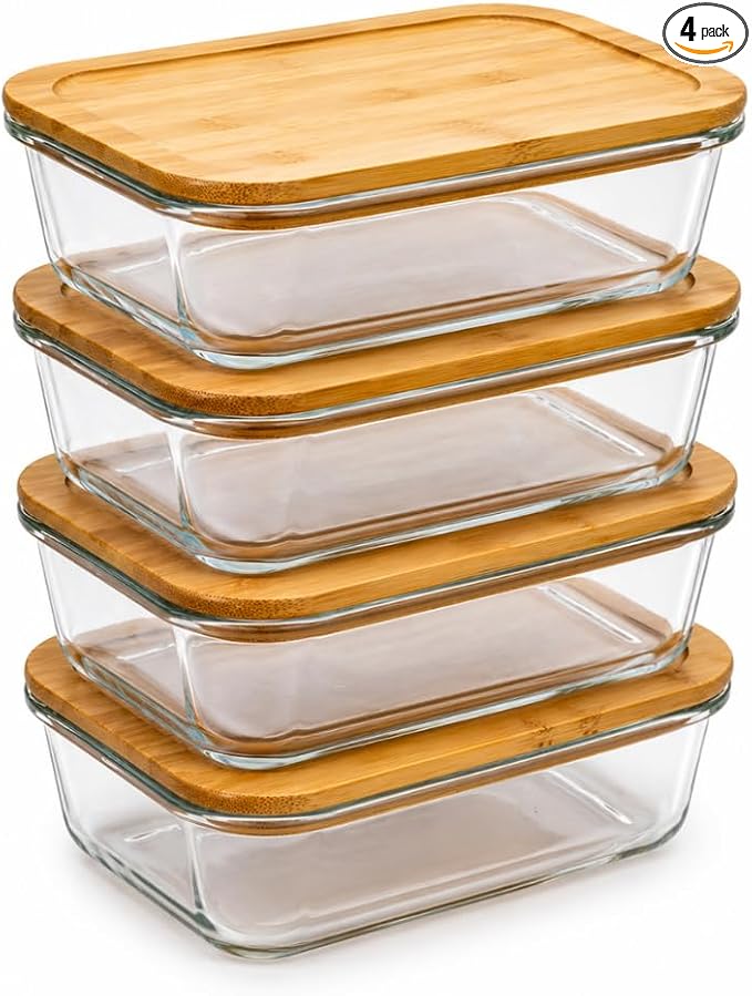 Kitchen Details Glass Food Storage Containers with Bamboo Lids | 4 Pack | 12.5 oz / 370 mL Rectangular Containers | Home | Apartments | Restaurants | Prep