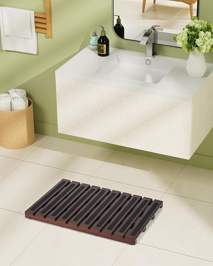 Bamboo Bath Mat, Bamboo Shower Mat for Bathroom, Non-Slip Bathroom Mat with Anti-Slip Stickers, Easy Clean Wooden Bath Floor Mat for Indoor Outdoor （ Brown, 21×13×1.57Inches）