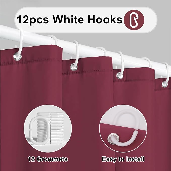 timecity Dark Red Shower Curtain Liner with 3 Magnets Plastic Shower Curtain Thickened Waterproof Quickdrying Shower Curtain Set with 12 White Plastic Hooks Shower Liner for Bathroom Shower,71x71inch