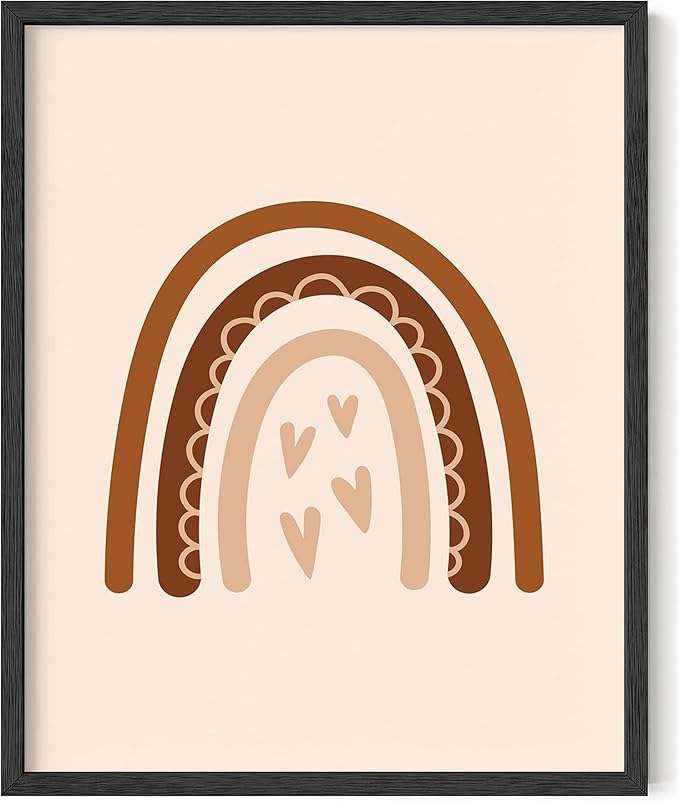 Y2K BOO Boho Nursery Rainbow UNFRAMED Wall Art with Hearts Earth Tones Terracotta Brown Scandi Minimalist Style 16x20 Inch Heavyweight Paper Kids Decor