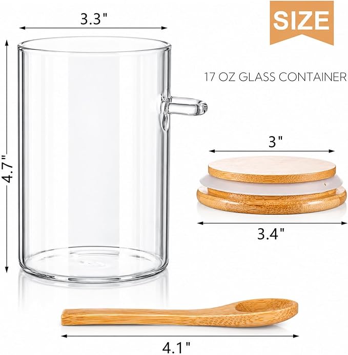 ZOOFOX 6 Pack Airtight Glass Jars with Bamboo Lids and Spoons, 17 oz Glass Sugar Container with Airtight Lid, Clear Storage Canister for Overnight Oats, Cookie, Coffee, Spice, Tea, Cereals, Condiment