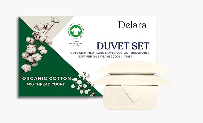 GOTS Certified 100% Organic Cotton Percale Duvet Cover Set 400TC, Ultra Soft, Smooth & Breathable, Duvet for Hot Sleepers with 8 Internal Ties, (Ivory, Twin - 2 Piece with 1 Standard Sham)