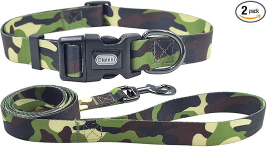 Dog Collar Leash Set, Camouflage Pattern, Polyester Material, Adjustable Collar and 5ft Matching Leash, for Small Dogs.(S, Camo)