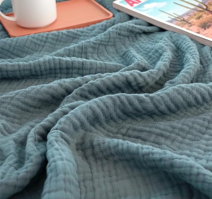 KyraHome 100% Cotton Throw Blankets for Couch, 60"x80" Pre-Washed Plant-Dyed Breathable Lightweight Gauze Soft Muslin Throw Blankets for Adults, All Season (Slate Blue)