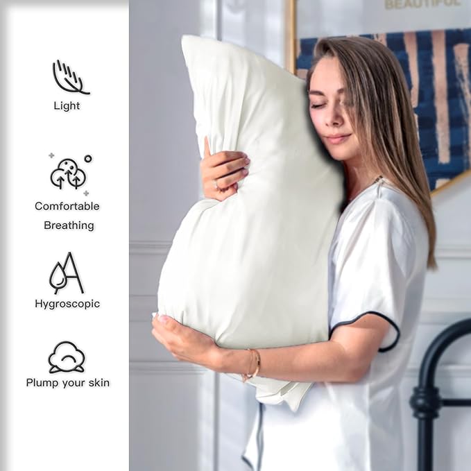 Mulberry Silk Pillowcase for Hair and Skin Standard Size 20"X 26" Pillow Case with Hidden Zipper Soft Breathable Smooth Cooling Silk Pillow Covers for Sleeping (Ivory,Standard,1Pcs)