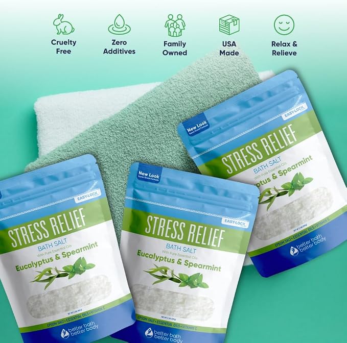 Stress Relief Bath Salt (3 Pack) Epsom Salt Relaxing Bath with Eucalyptus and Spearmint Essential Oils Plus Vitamin C Crystals in BPA Free Pouch Made in USA 2 lbs Pouches 6 Lbs Total