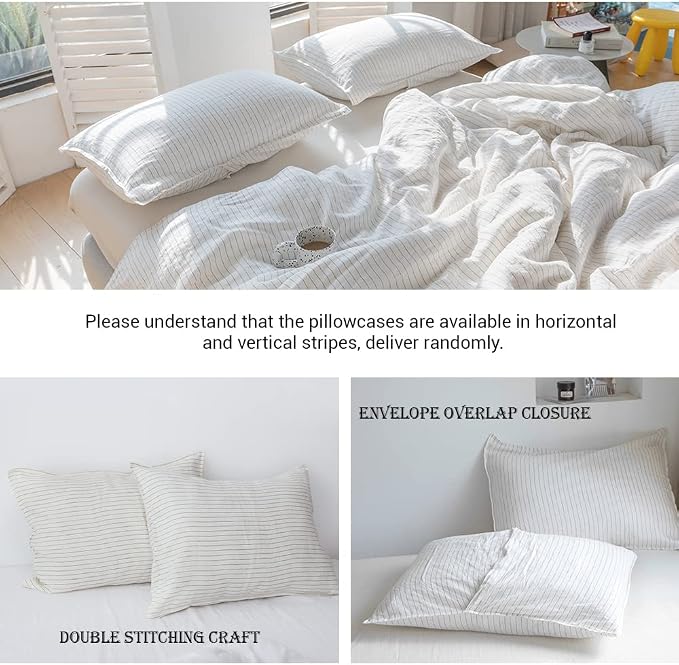Simple&Opulence 100% Linen Duvet Cover Set 3pcs Yarn Dyed Vertical Pinstripe Ticking Pattern Natural French Washed Flax Breathable Farmhouse Bedding - Grey Stripe, King Size