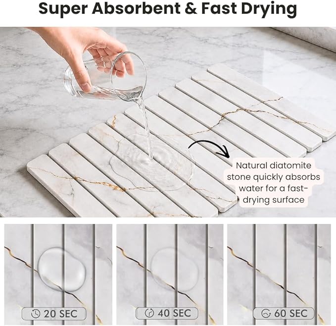 Large Stone Dish Drying Mat for Kitchen Counter, Foldable & Super Absorbent Diatomaceous Earth Drying Pad for Dishes, Cups, Bottles with Anti-Slip Mesh & Quick Dry (White Marble 24"L x 16"W)