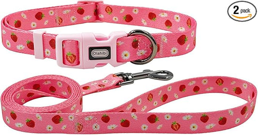 Dog Collar Leash Set, Floral Pattern, Polyester Material, Adjustable Collar and 5ft Matchcing Leash, for Small Dogs.(S, Daisy and Strawberry)
