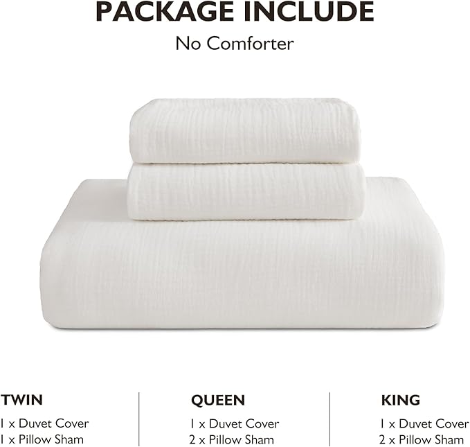 EMME Muslin Cotton Duvet Cover Set Cream White King Size Linen Like Soft Breathable Lightweight Summer Comforter Cover Set with Zipper Closure (Cream White, King, 104"x90")