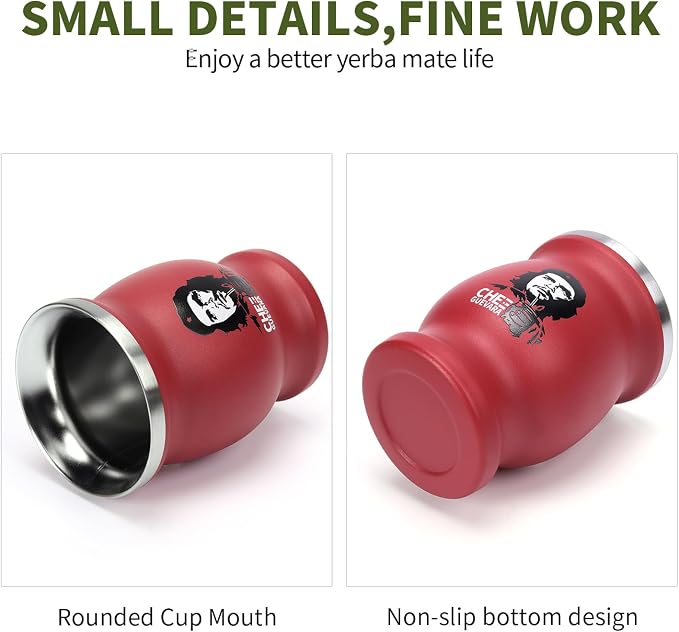 Yerba Mate Cup Set, Includes Stainless Steel Argentina Classic Mate Gourd, 2pcs Bombilla Straws and Clean Brush (Red Che)