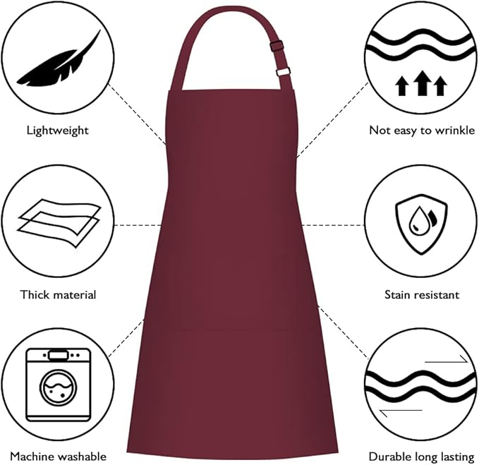Jubatus 2 Pack 100% Cotton Aprons with 2 Pockets Cooking Chef Kitchen Adjustable Bib Apron for Women Men, Wine Red